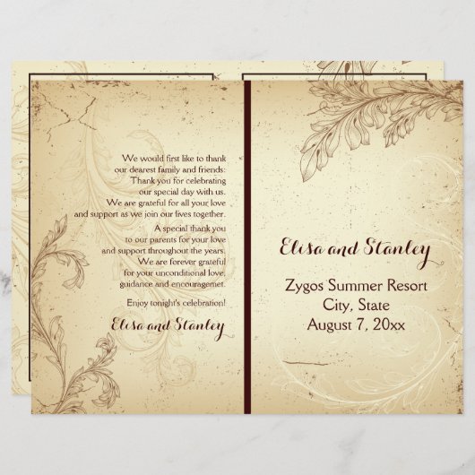 Vintages Beige-Scrollblatt-Hochzeitsprogramm (Vorne/Hinten)