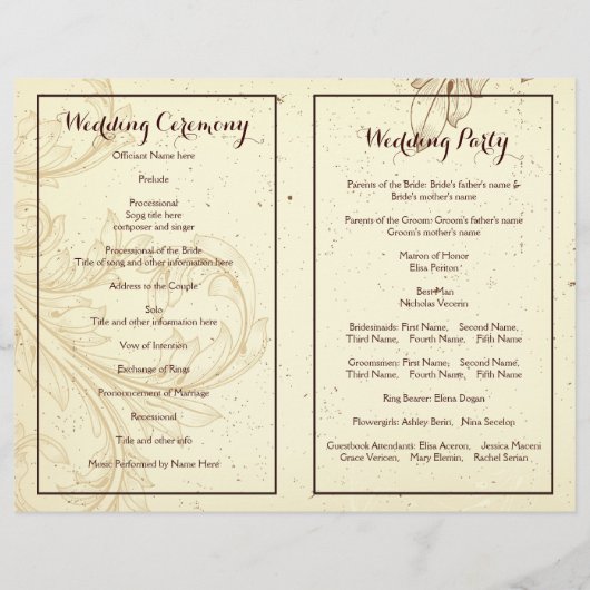 Vintages Beige-Scrollblatt-Hochzeitsprogramm (Rückseite)