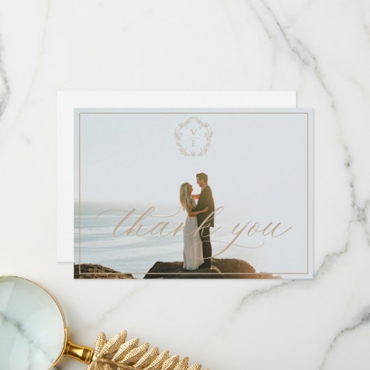 Vintages Beige Wappen Monogram Wedding Foto Dankeskarte (Vorderseite/Rückseite Beispiel)