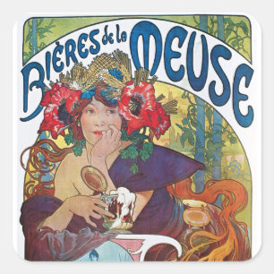 Vintages Bier Jugendstil Alphonse Mucha Quadratischer Aufkleber