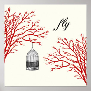 Vintages Birdcage Red Branches "fly" Poster