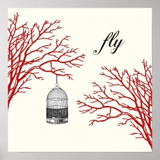 Vintages Birdcage Red Branches "fly" Poster (Vorne)