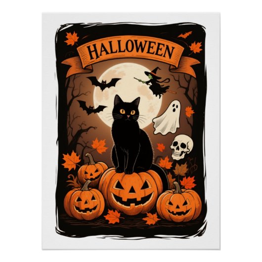 Vintages Black Cat Pumpkin Spooky Halloween-Party Poster (Vorderseite)