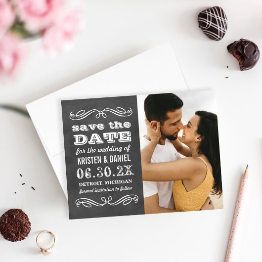 Vintages Black Chalkboard Hochzeitssemble Foto Save The Date