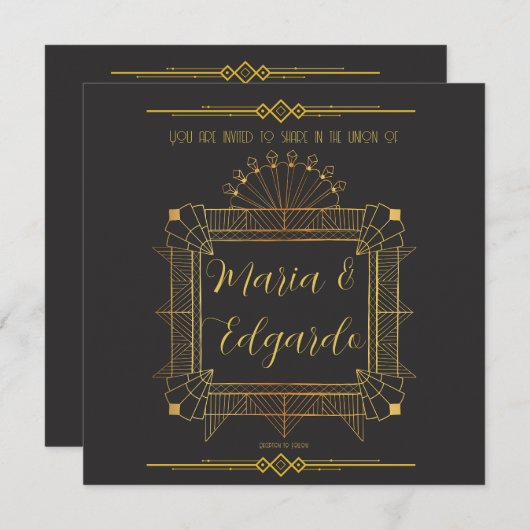 Vintages Black & Gold Déco Hochzeitsempfang Einladung (Vorne/Hinten)