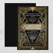 Vintages Black & Gold Déco Hochzeitsempfang Einladung (Vorne/Hinten)