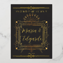 Vintages Black & Gold Déco Hochzeitsempfang Folie Einladungspostkarte