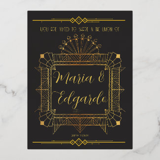 Vintages Black & Gold Déco Hochzeitsempfang Folie Einladungspostkarte