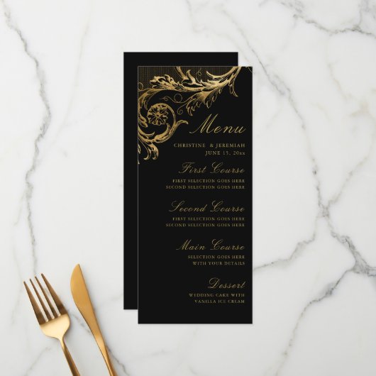 Vintages Black Gold Floral Damask Hochzeitsmenü Menükarte (Vorderseite/Rückseite Beispiel)