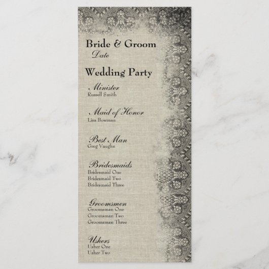 Vintages Black Lace and Linen Wedding Programm (Vorderseite)