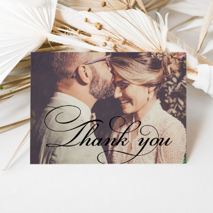 Vintages Black Script-Hochzeitsszenario-Foto Dankeskarte