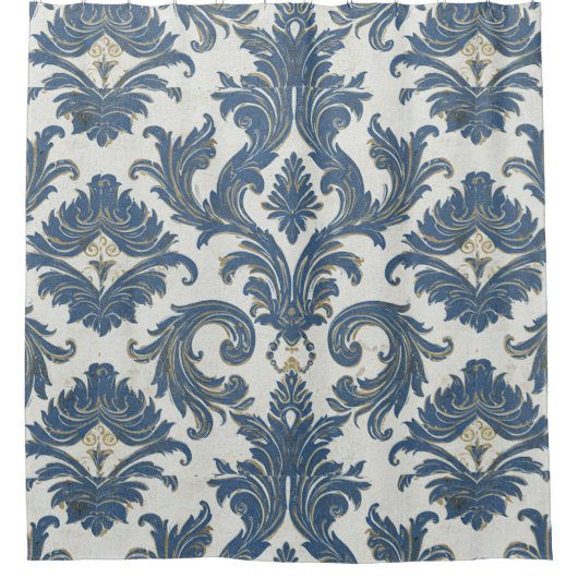 Vintages Blau und Gold Barock Damask Duschvorhang (Vorderseite)