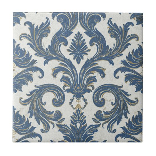 Vintages Blau und Gold Barock Damask Fliese (Vorderseite)