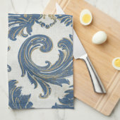 Vintages Blau und Gold Barock Damask Geschirrtuch (Viertel Falte)