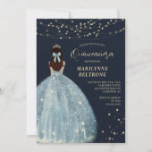 Vintages Blau und Gold Prinzessin Quinceñera Einladung (Vorderseite)