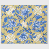 Vintages Blau und Goldflorale Chinoiserie Geschenkpapier (Flach)