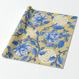 Vintages Blau und Goldflorale Chinoiserie Geschenkpapier