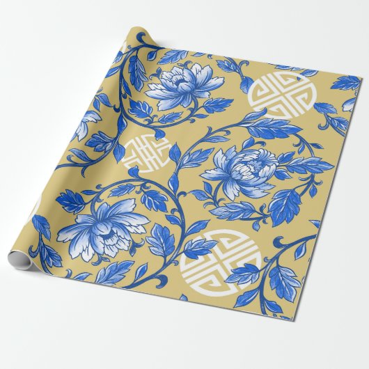Vintages Blau und Goldflorale Chinoiserie Geschenkpapier (Ungerollt)