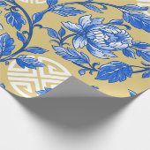 Vintages Blau und Goldflorale Chinoiserie Geschenkpapier (Ecke)