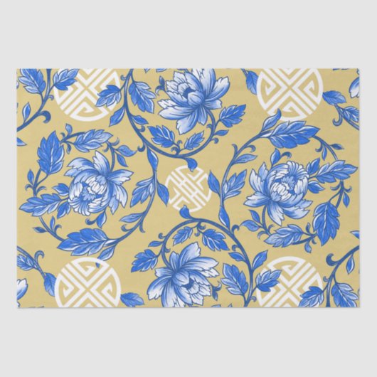 Vintages Blau und Goldflorale Chinoiserie Seidenpapier (Vorderseite)