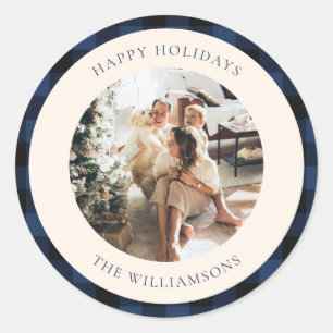 Vintages Blau und Schwarz Buffalo Kariertes Foto Runder Aufkleber