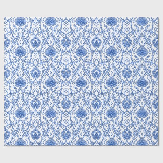 Vintages Blau-Weiß-Damast-Muster Geschenkpapier (Flach)