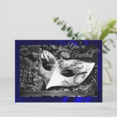 Vintages Blauer Seidenmauerwerk Einladung (Stehend Vorderseite)