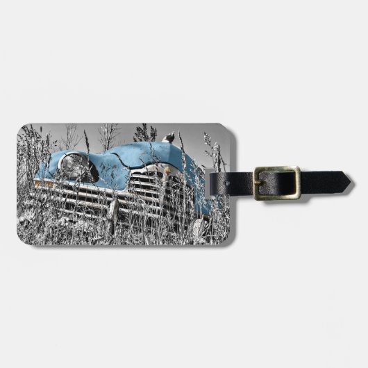 Vintages blaues Auto Gepäckanhänger (Vorderseite horizontal)