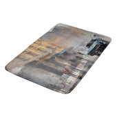 Vintages blaues Auto in Foggy Cityscape Badematte (Schrägansicht)