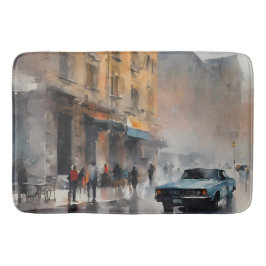 Vintages blaues Auto in Foggy Cityscape Badematte