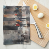 Vintages blaues Auto in Foggy Cityscape Geschirrtuch (Viertel Falte)