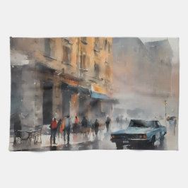 Vintages blaues Auto in Foggy Cityscape Geschirrtuch