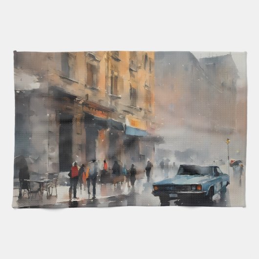 Vintages blaues Auto in Foggy Cityscape Geschirrtuch (Horizontal)