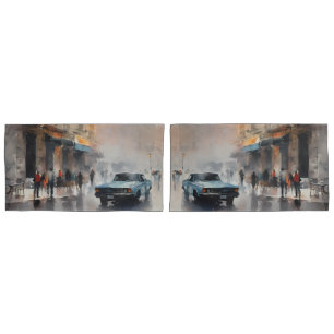 Vintages blaues Auto in Foggy Cityscape Kissenbezug