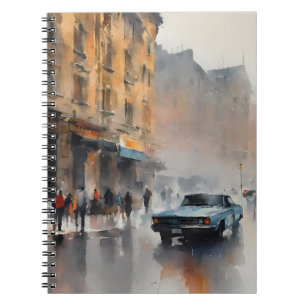 Vintages blaues Auto in Foggy Cityscape Notizblock
