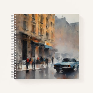 Vintages blaues Auto in Foggy Cityscape Notizblock