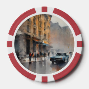 Vintages blaues Auto in Foggy Cityscape Pokerchips