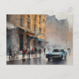 Vintages blaues Auto in Foggy Cityscape Postkarte