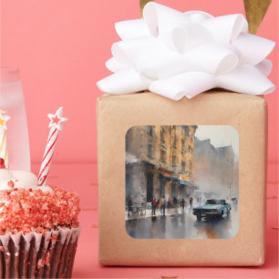 Vintages blaues Auto in Foggy Cityscape Quadratischer Aufkleber