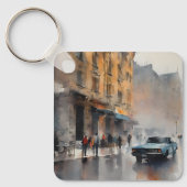 Vintages blaues Auto in Foggy Cityscape Schlüsselanhänger (Vorderseite)