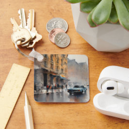 Vintages blaues Auto in Foggy Cityscape Schlüsselanhänger