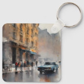 Vintages blaues Auto in Foggy Cityscape Schlüsselanhänger (Rückseite)