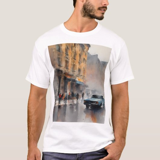 Vintages blaues Auto in Foggy Cityscape T-Shirt (Vorderseite)