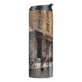 Vintages blaues Auto in Foggy Cityscape Thermosbecher (Nach links gedreht)