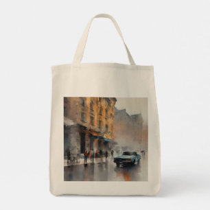 Vintages blaues Auto in Foggy Cityscape Tragetasche
