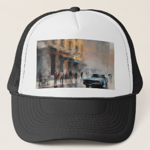 Vintages blaues Auto in Foggy Cityscape Truckerkappe