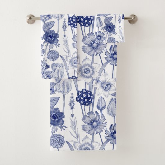 Vintages blaues Blumenmuster Badhandtuch Set (Insitu)