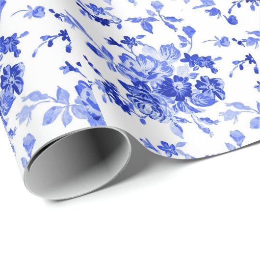 Vintages blaues Blumenmuster Geschenkpapier (Rolleneckpunkt)