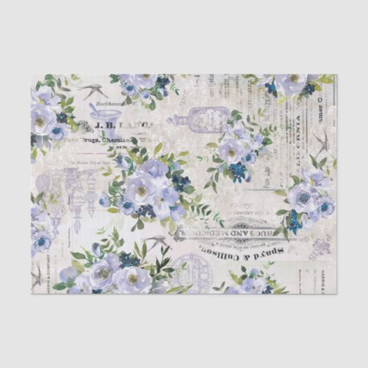 Vintages blaues Blumenmuster Seidenpapier (Vorderseite)