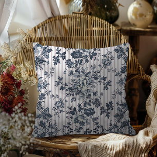 Vintages blaues Chintz- und Pinstrichmuster Kissen